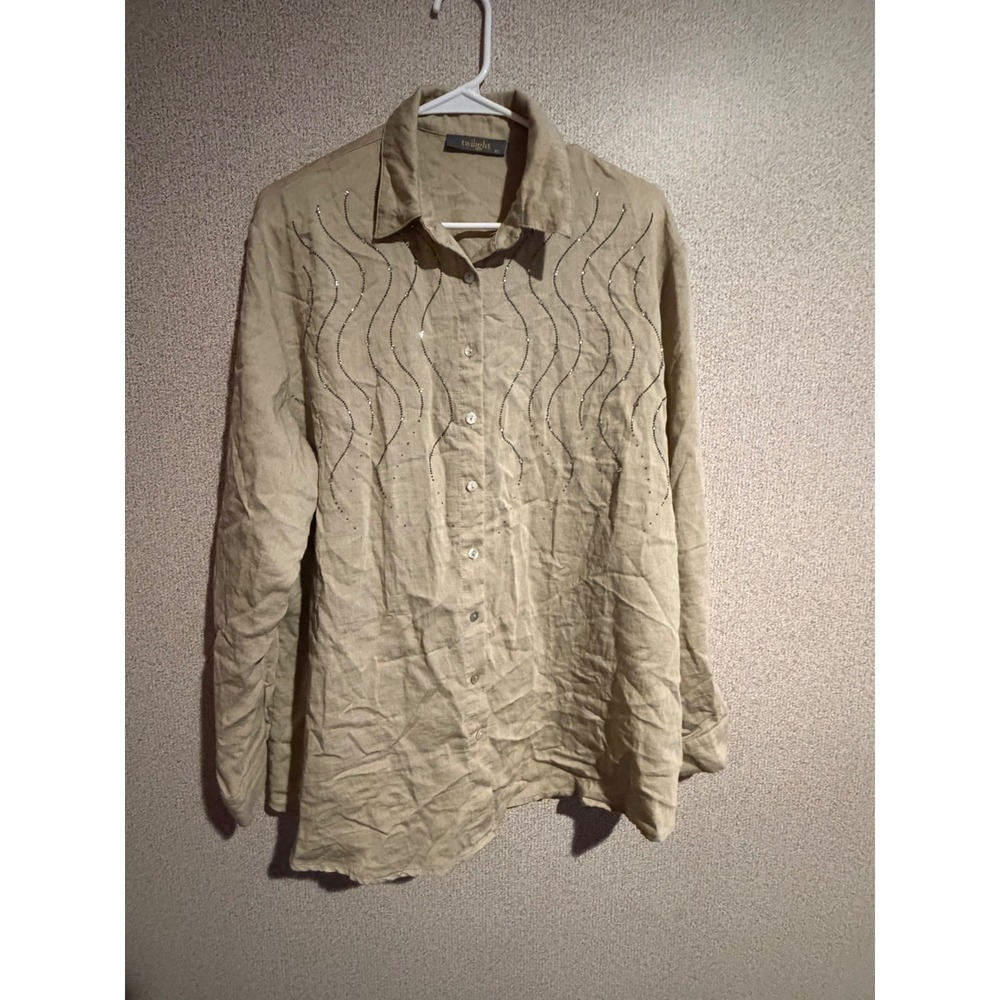 Twilight Tan Linen Blend Rhinestone Wavy Embellished Button Down Shirt Womens XL